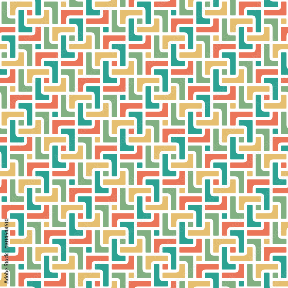 Seamless abstract geometric pattern in a modern mosaic style with interlocking small rectangle shape tiles in green orange and yellow on a white background. Multicolored tiling. Vector illustration. Seamless abstract geometric pattern in a modern mosaic style with interlocking small rectangle shape tiles in green orange and yellow on a white background. Multicolored tiling. Vector illustration.