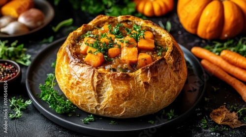 A hearty autumn stew served in a bread bowl, surrounded by seasonal ingredients like pumpkins, carrots, and fresh herbs.