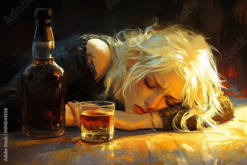 A woman suffering from alcoholism fell asleep next to a bottle of whiskey. The concept of alcohol dependence, depression and psycho-emotional disorder.