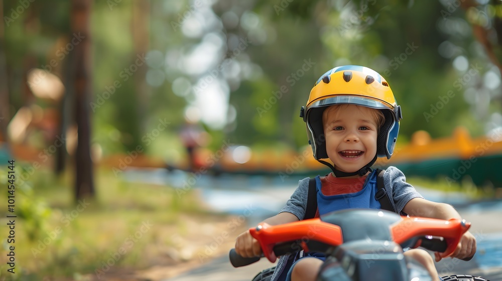 Thrill of Adventure: Happy Boy Riding on a Racetrack in the Park Thrill of Adventure: Happy Boy Riding on a Racetrack in the Park