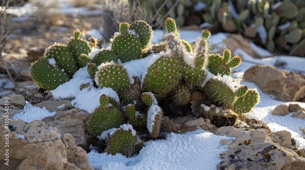 Snow-Covered Prickly Pear Cactus in a Rocky Landscape Snow-Covered Prickly Pear Cactus in a Rocky Landscape