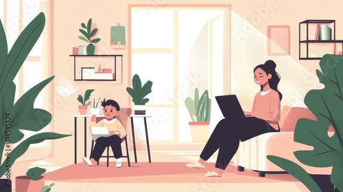 A mother working from home with a laptop, while her young child plays nearby, showcasing the balance of remote work and parenting