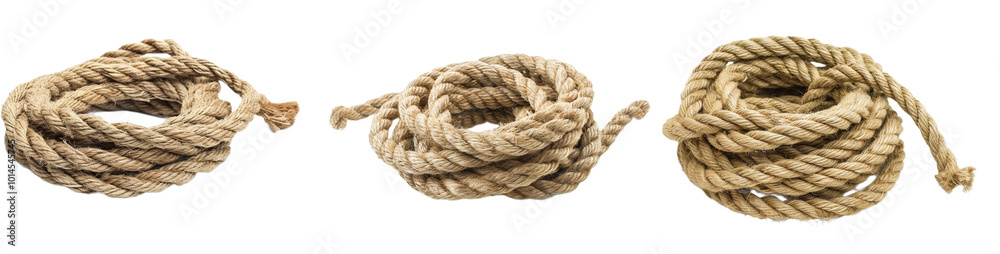 Three Coiled Hemp Ropes of Different Sizes on a White Background