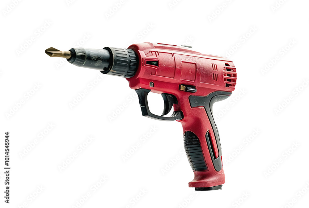 Red Cordless Electric Screwdriver with Bit Attached on White Background Red Cordless Electric Screwdriver with Bit Attached on White Background
