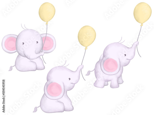 cute baby elephant sitting and holding a yellow balloon