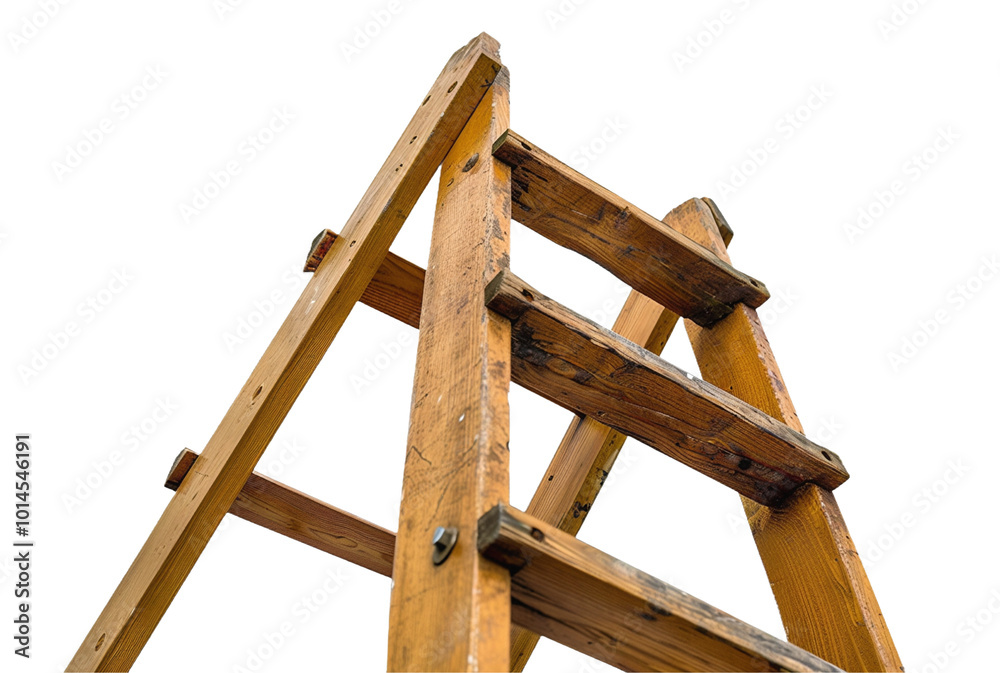 Old Wooden Ladder with Weathered Steps Against White Background