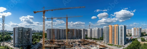 Background of a construction site. Cranes and new multi-story skyscrapers being hoisted. background in industry. Construction site work is being done against a clear sky.