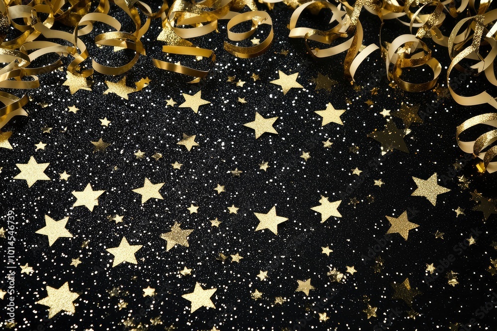 New Years Eve corner border banner of glittery gold stars, streamers, decorations and noisemakers. Top view on a black background. with generative ai New Years Eve corner border banner of glittery gold stars, streamers, decorations and noisemakers. Top view on a black background. with generative ai