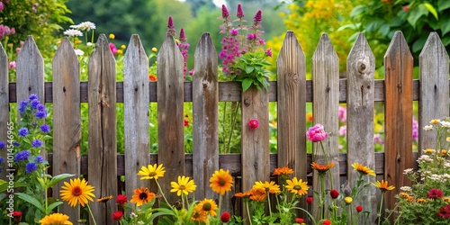 A Rustic Wooden Fence Stands Tall, Adorned with Vibrant Blooms of Nature's Palette, Creating a Serene and Picturesque Scene