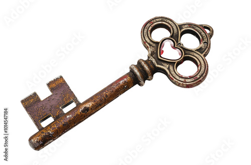 Vintage Brass Skeleton Key with Heart Shape Cutout on White Background