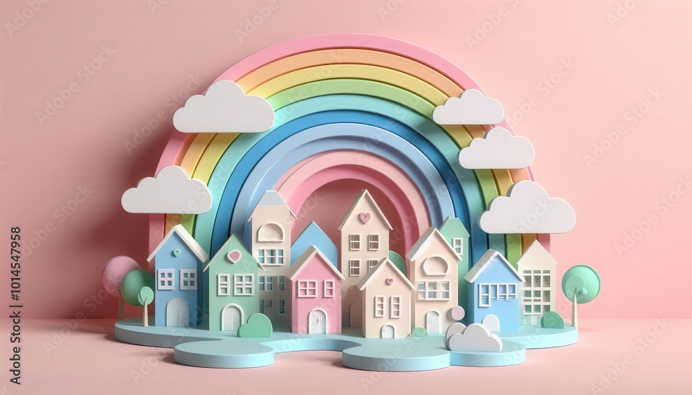 A whimsical paper art scene featuring colorful houses and a rainbow against a pastel background. A whimsical paper art scene featuring colorful houses and a rainbow against a pastel background.