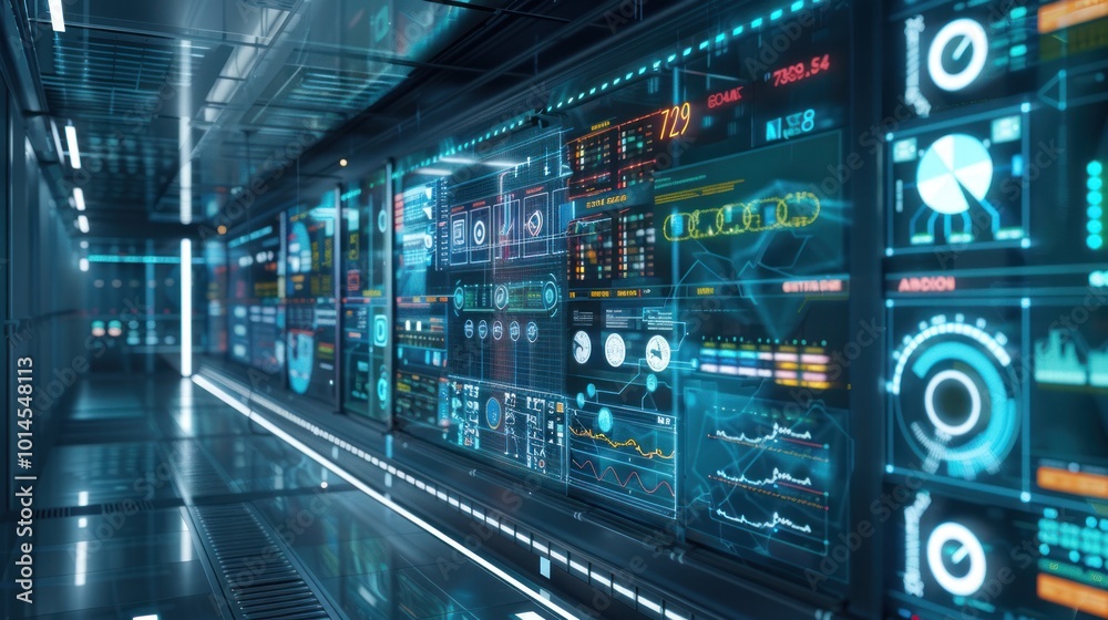 Futuristic Corridor Lined With Data Screens Displaying Charts, Graphs, and Information