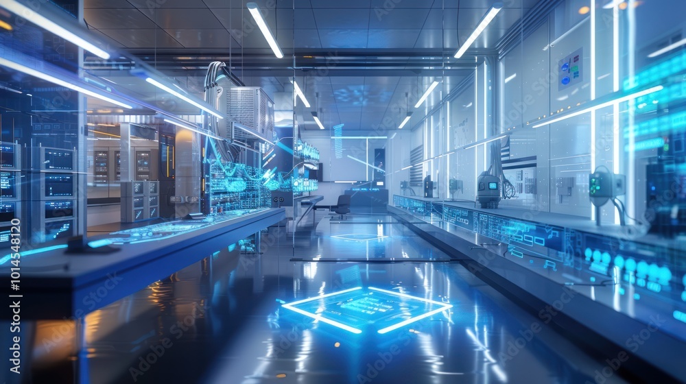 Futuristic Interior with Blue Neon Lights and Server Racks