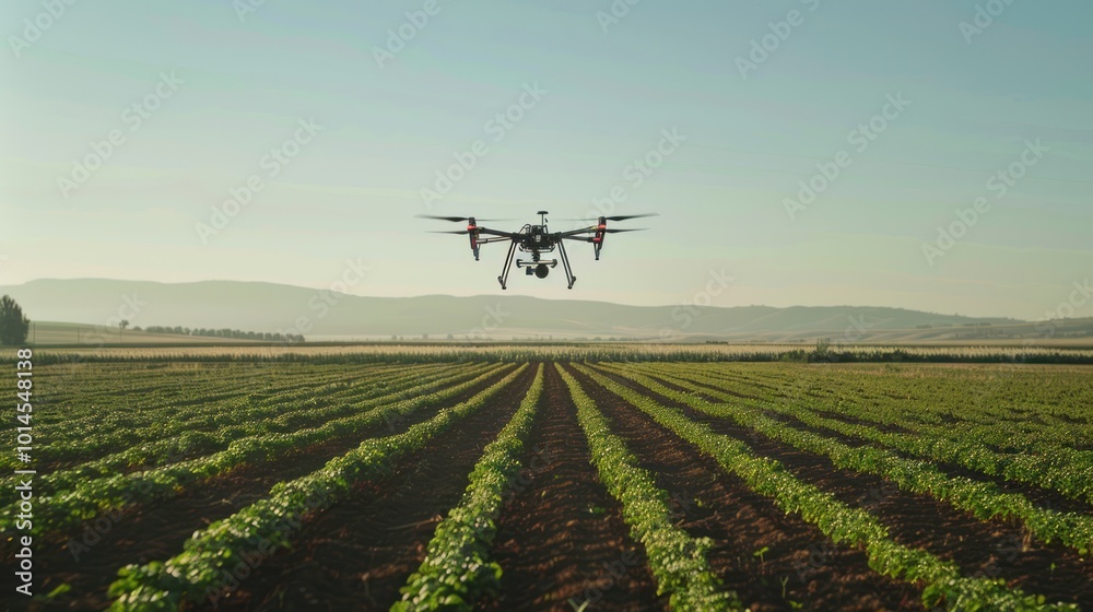 Drone Flying Over Rows of Crops in a Field Drone Flying Over Rows of Crops in a Field