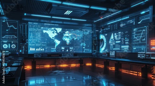 Futuristic Control Room with Multiple Screens Displaying Data and World Map