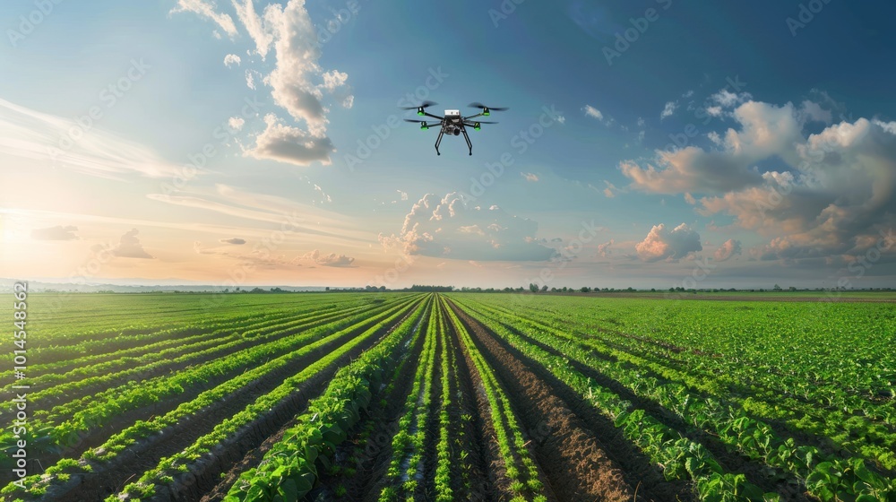 Drone Flying Over a Field of Crops During Sunset