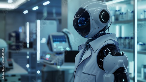 Futuristic Care: Humanoid Robot in Lab Coat within a Medical Environment