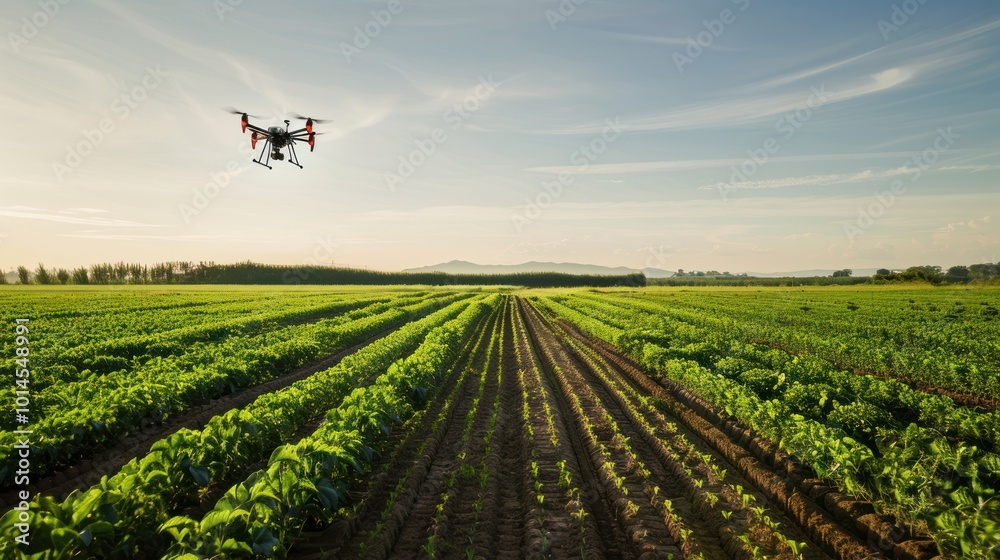 Drone flying over a field of green crops Drone flying over a field of green crops
