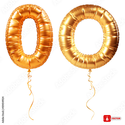 Golden foil balloon in form of number 0. Inflatable gold balloon, digit zero, isolated. 3D realistic vector illustration