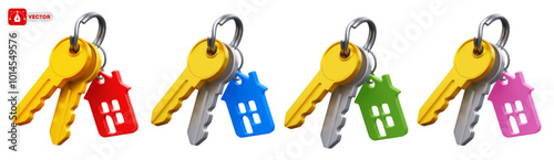 Set of keys with keychain in the form of house. Real estate concept, buy, sell, protection, security, turnkey repair, property insurance. Isolated on white background. Vector 3d realistic illustration