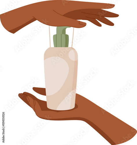 Hand holds natural antiaging cosmetic product tube, organic cleansing hair care shampoo pack, colorful eco hygiene lotion jar, cartoon minimal skincare cream bottle, vector illustration.