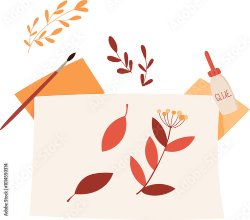 DIY craft activity with glue, paper, and leaves on a desk. Cute character holding a brush, creating flat illustration. Concept of creative hands activities for children and school workshops.