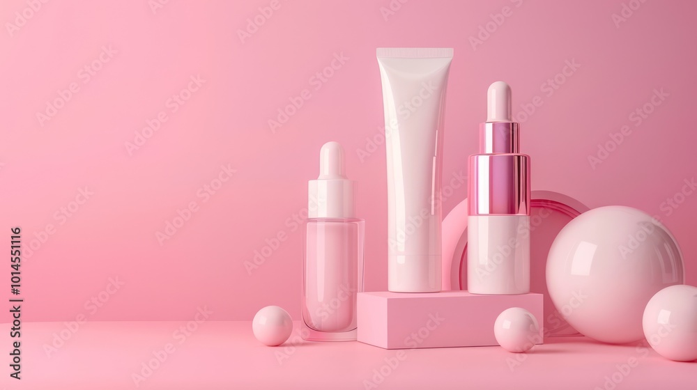 A collection of skincare products on a pink background, showcasing a modern and minimalist beauty aesthetic.