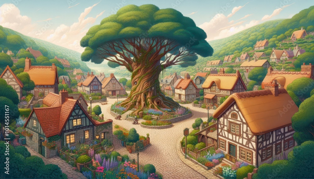 Obraz premium A whimsical village scene featuring a large tree at its center, surrounded by charming houses.