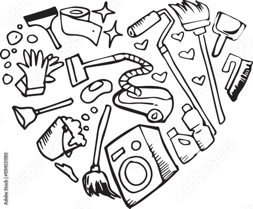 Cleaning service set elements hand drawn sketch. Vector collection of house cleaning doodles.