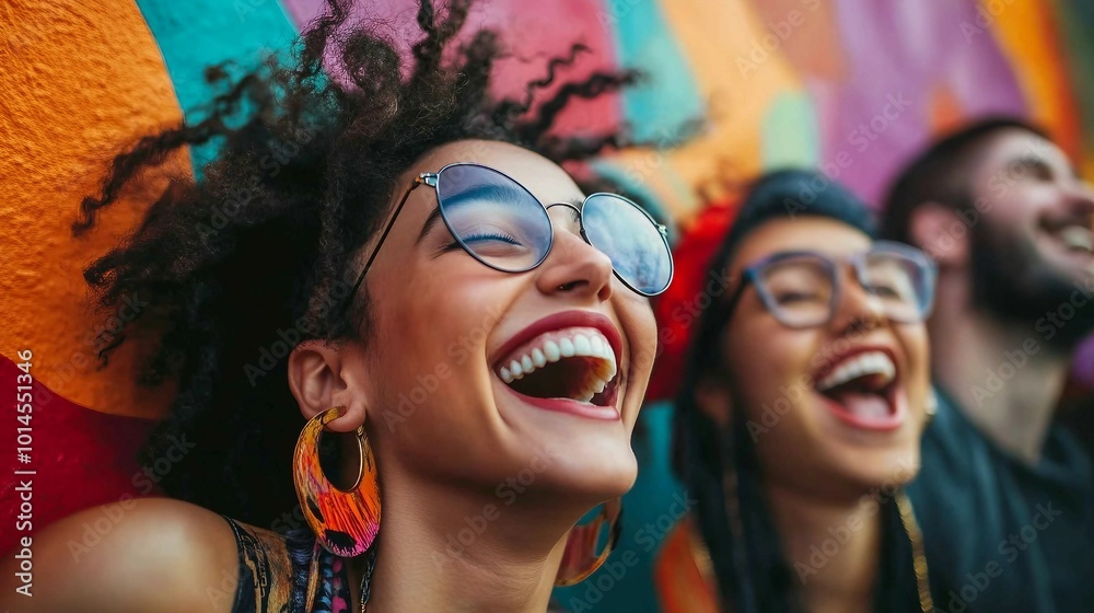 Happy Friends Laughing Together in Front of Colorful Wall Happy Friends Laughing Together in Front of Colorful Wall