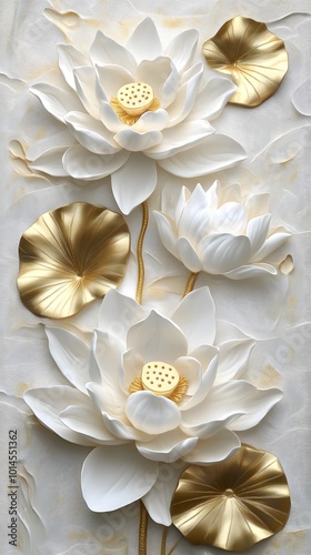Three white lotus flowers, with golden yellow leaves in the background