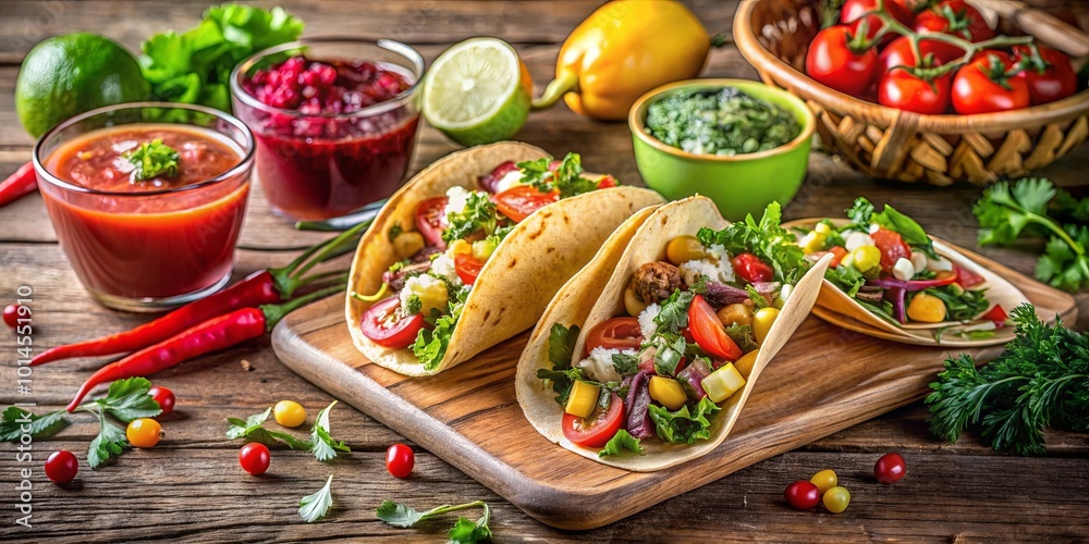 A vibrant array of colorful vegetables and fresh ingredients nestled within soft, golden tortillas, an inviting culinary masterpiece A vibrant array of colorful vegetables and fresh ingredients nestled within soft, golden tortillas, an inviting culinary masterpiece