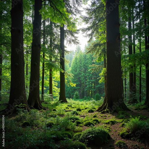Wallpaper Mural A panoramic view of a forest filled with towering evergreen trees, sunlight filtering through the branches, vibrant greens and soft shadows Torontodigital.ca