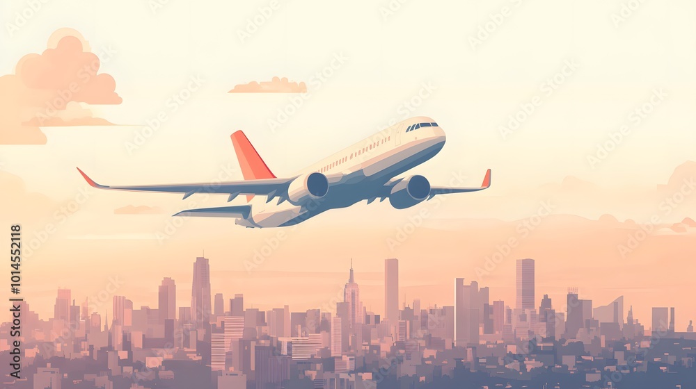 Flat vector airplane flying over a city.
Flat vector airplane flying over a city.