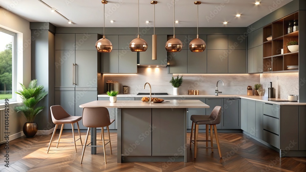Embrace contemporary design with a modern minimalist kitchen showcasing grey cabinets and rose gold accents, offering Embrace contemporary design with a modern minimalist kitchen showcasing grey cabinets and rose gold accents, offering