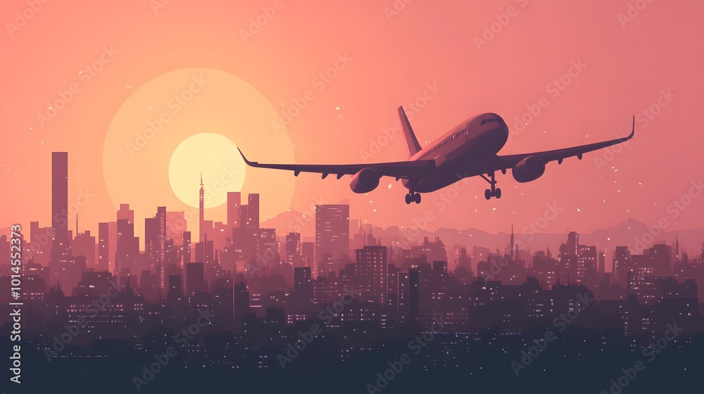 Flat vector airplane flying over a city.
Flat vector airplane flying over a city.
