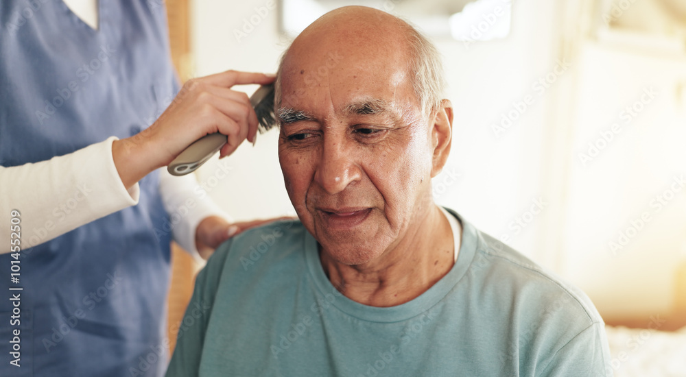 Obraz premium Hair, elderly man and brushing with caregiver in nursing home for consultation, wellness and empathy. Nurse, senior person and morning as helping hand, assistance or support for routine in retirement