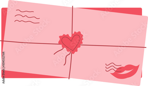 Flat valentine card with heart and love message, surrounded by envelope and mail detail. Cute design for romantic celebration, greeting or invitation. Perfect for sending love notes or letters.
