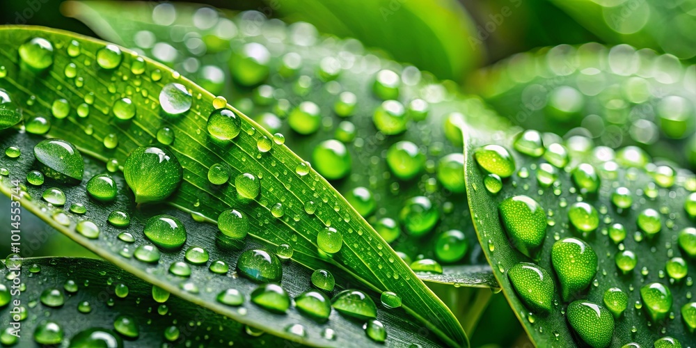 A Close-Up View of Vibrant Green Leaves Covered in Sparkling Dew Drops, Capturing the Beauty of Nature's Simplicity A Close-Up View of Vibrant Green Leaves Covered in Sparkling Dew Drops, Capturing the Beauty of Nature's Simplicity