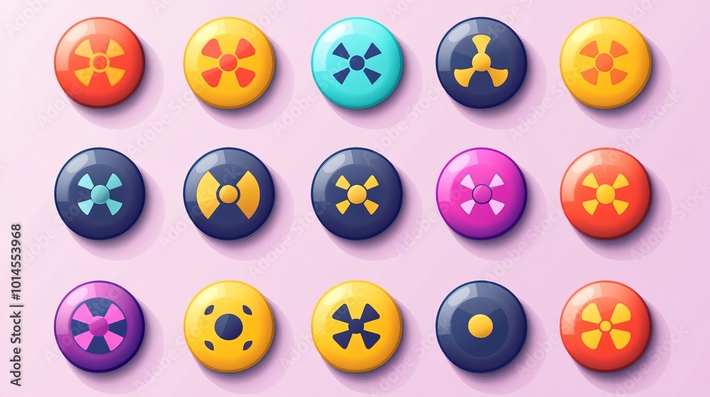 A set of colorful radiation symbols, representing radiation warnings. These vector web icons include shadows for added depth, creating a bold and informative design.