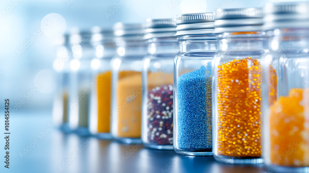 A row of glass jars filled with various colorful beads, glitter, and craft materials is neatly arranged on a table, showcasing the vibrant hues in a bright workspace A row of glass jars filled with various colorful beads, glitter, and craft materials is neatly arranged on a table, showcasing the vibrant hues in a bright workspace