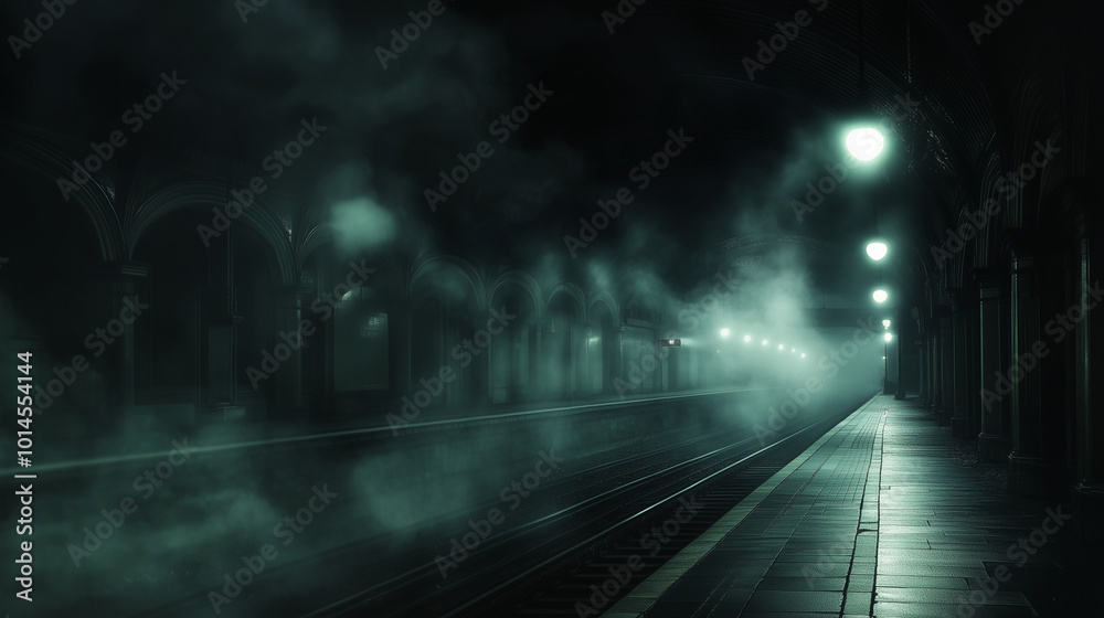 Mysterious Abandoned Train Platform in Fog Mysterious Abandoned Train Platform in Fog
