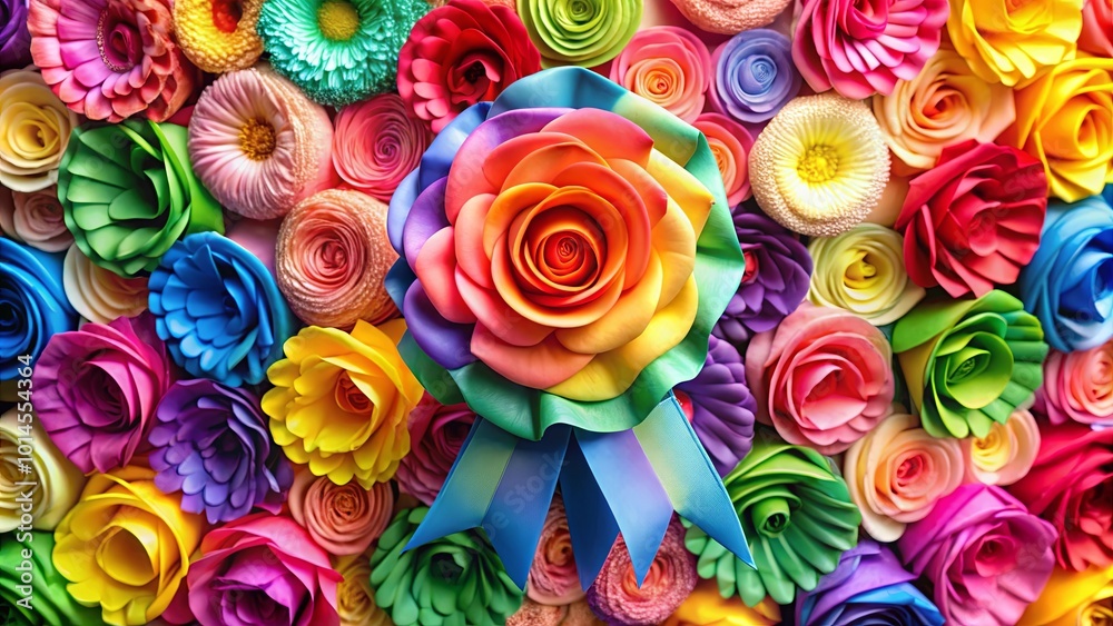 A vibrant rainbow rose stands out against a background of colorful paper flowers, a celebration of color and texture. A vibrant rainbow rose stands out against a background of colorful paper flowers, a celebration of color and texture.