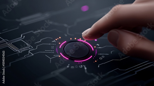 Fingertip Power: A close-up shot of a hand pressing a glowing button on a futuristic, circuit board background, suggesting technological advancement and the power of human interaction.