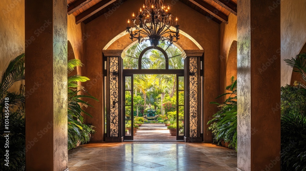 A stylish Mediterranean entryway with a high ceiling A stylish Mediterranean entryway with a high ceiling