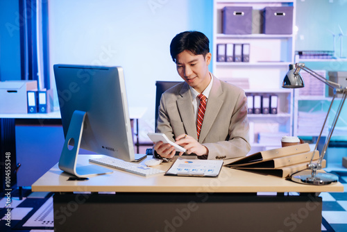 Asian Businessman analyzing reports in a modern office, working on a computer. Perfect for corporate, business, and over time concepts