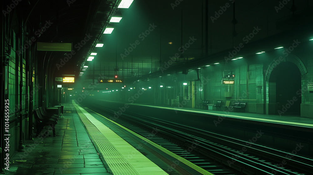 Fototapeta premium Foggy Night at Empty Train Platform