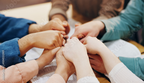Spiritual, holding hands and group with faith, praying and friends with belief, Christian and God. Respect, religion and circle of people, bible study and worship of holy spirit, guide and scripture
