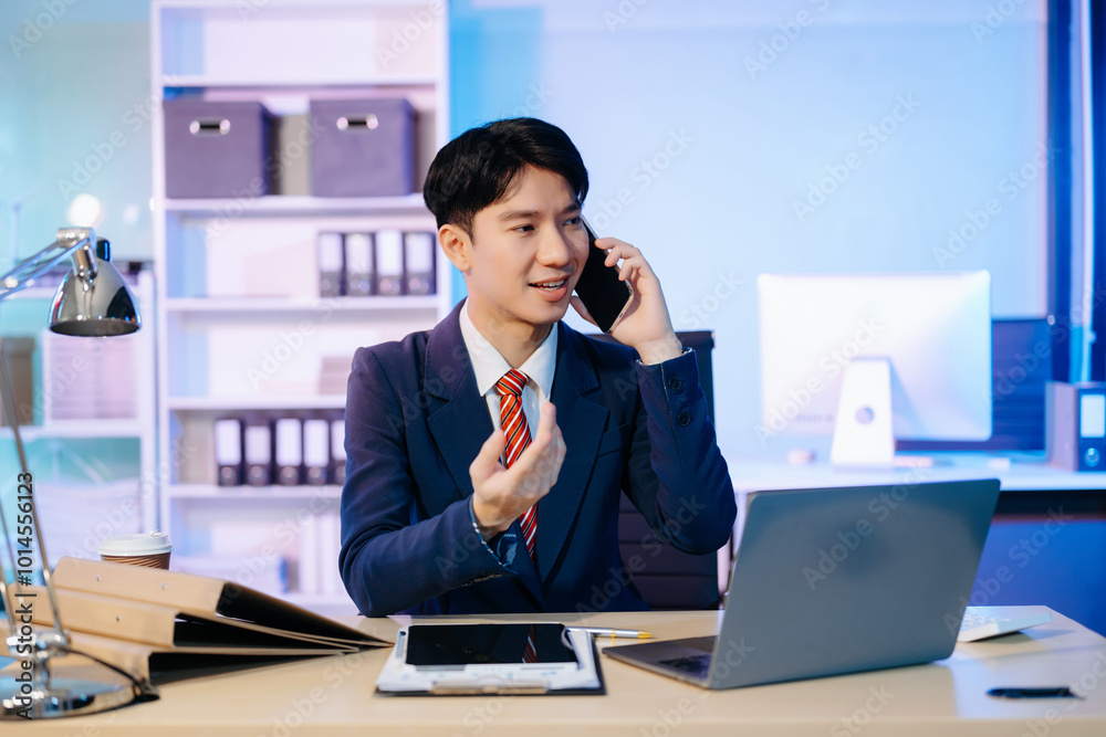Asian Businessman analyzing reports in a modern office, working on a computer. Perfect for corporate, business, and over time concepts Asian Businessman analyzing reports in a modern office, working on a computer. Perfect for corporate, business, and over time concepts