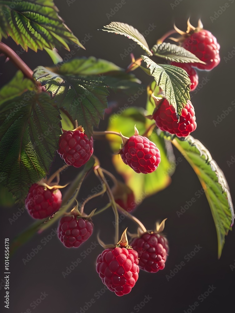 Striking Cinematic Closeup of Lush Raspberry Tree Branch with Intricate Light and Shadow Striking Cinematic Closeup of Lush Raspberry Tree Branch with Intricate Light and Shadow